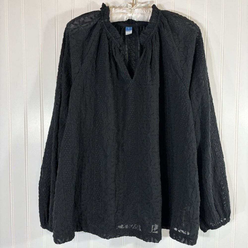 Old Navy Womens Black Floral Embroidery Blouse L Black Sheer Boho Flowy Cruise